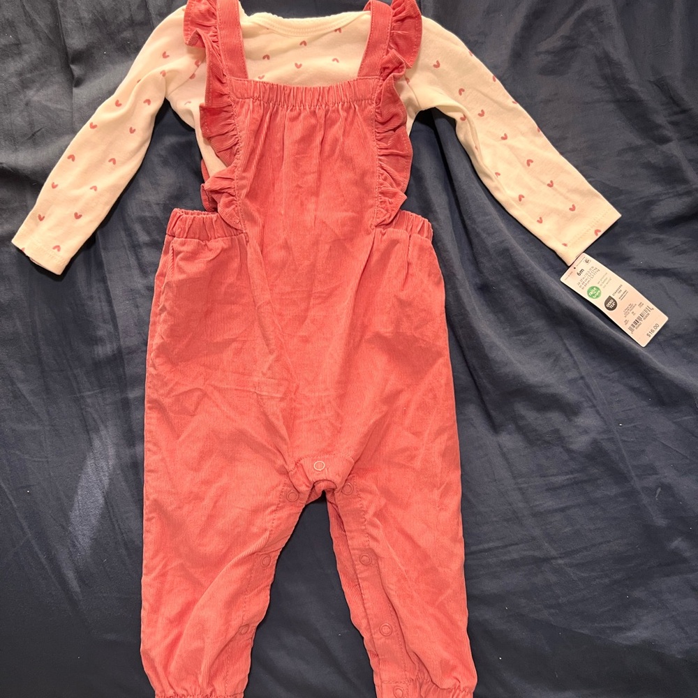 Carters Pink Ruffled Baby Overalls with Heart Print Top